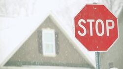 Stop Sign, Snow Storm and Home in Winter Stock Footage