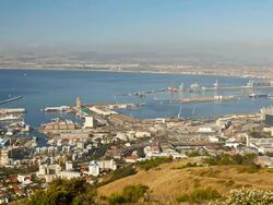 T/L Cape Town harbour and Table Bay from Signal Hill, high angle view, South Africa Stock Footage