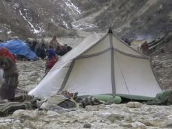 WS Shot of salt trader at nomad camp / Himalayas, Upper Dolpo, Nepal    Stock Footage