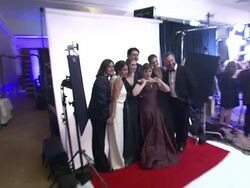 Lena Dunham, Allison Williams, Zosia Mamet, Judd Apatow, and Adam Driver at the 70th Annual Golden Globe Awards - Backstage in Beverly Hills, CA, on 1/13/13. Stock Footage