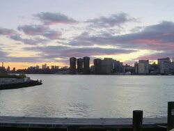 WS View of Downtown Manhattan near East River at dusk / New York City, New York, USA Stock Footage