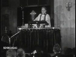 1944: CHURCH SERMON: WS Top of church. INT Chrurch w/ Dr. de Ovies addressing congregation in small church, speaking about Equal Rights. Caucasian congregation listening. Instructional Video