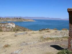 Hayravank monastery, Sevan lake, khachkars and view of the Sevan lake in the background Stock Footage