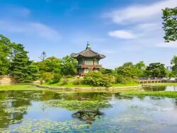 View of Hyangwonjeong(Gazebo) and water garden in Gyeongbokgung(ancient palace) Stock Footage