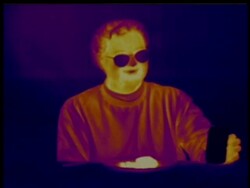 Thermographic image, MCU man drinking and eating, identical shots with info bar on DB 302 Stock Footage