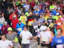 MS T/L City Marathon runners at road surrounded by autumn color trees / New York, United States Stock Footage