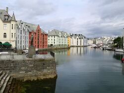Alseund, the canal to the inner harbor, and art nouveau buildings Stock Footage