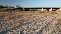 The dried up river bed of the Kern River in Bakersfield, California, USA. Following an unprecedented four year long drought, Bakersfield is now the driest city in the USA. Most of California is in exceptional drought, the highest level of drought classific Stock Footage