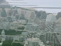 MS AERIAL Shot of La Grand Motte city / Languedoc Roussillon, France Stock Footage