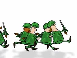 Cartoon soldiers run past on white various zooms Stock Footage