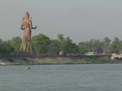 WS Statue of Lord Shiva on Ganges at Hari ki Pauri /Haridwar, Uttarakhand, India Stock Footage