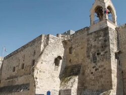 MS TD PAN People roaming at Church of Nativity / Bethlehem, West Bank Stock Footage