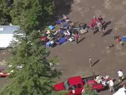 MS AERIAL ZO Shot of people land for Scout Camp Buffalo Bill / Wyoming, United States Stock Footage