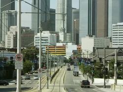 Zoomed view of city streets toward the sky scrapers in Los Angeles. Stock Footage