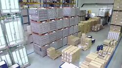 Aerial view of distribution storage warehouse Stock Footage