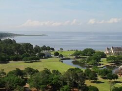 WS PAN Shot of beautiful Oceanside homes with trees and grasslands over landscape / Rodanthe, North Carolina, United States Stock Footage