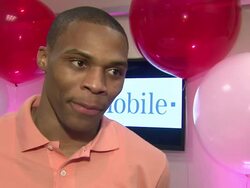 INTERVIEW: Russell Westbrook on giving back to the community in LA at the Russell Westbrook Greets Fans At T-Mobile And Gears Up For NBA All-Star 2011 In Los Angeles at Los Angeles CA. (Footage by WireImage Video/GettyImages) Stock Footage