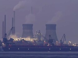 WS T/L View of oil refinery near Rhine River at dusk /Cologne, North Rhine-Westphalia, Germany  Stock Footage
