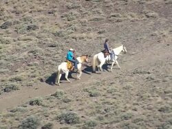 WS AERIAL Shot of two people riding on horse in desert mountain / Wyoming, United States Stock Footage