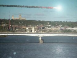 Long Shot static - A meteor crosses the sky above the National Cathedral of Washington, D.C., in a computer-generated animation. / Washington, D.C., USA Stock Footage