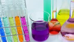 close-up panning : much color of chemicals in different laboratory glassware Stock Footage