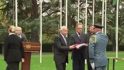 CLEAN : Palestinian flag flies for first time at UN in Geneva News Clip