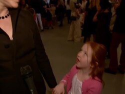 INTERVIEW - Edie Falco talks about why literacy is an important cause to her, her daughter Macy shares her favorite book at Ralph Lauren FA14 Kids Fashion Show at New York Public Library on May 19, 2014 in New York City Stock Footage