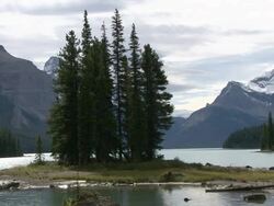 WS ZI ZO  View of island with mountains / Jasper, Alberta, Canada  Stock Footage