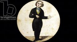 Animated 19th century thaumatrope with soldier catching a pig by the tail Stock Footage