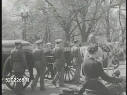 1945: FDR FUNERAL PROCESSION: VS Franklin Delano Roosevelt (FDR) American flag draped casket on caisson being escorted by soldiers through streets. VS Crowd faces, sad, wiping tears. Instructional Video