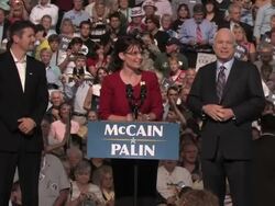 2008 CU ZO WS Republican Governor Sarah Palin speaking at podium during presidential campaign, with her husband Todd Palin at left and US Senator John McCain at right on September 9, 2008 / Lancaster, Pennsylvania, USA / AUDIO Stock Footage