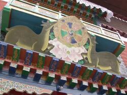 MS ZI Shot of out side details of main Gompa Building at Thame Monastery / Thame, Khumbu Region, Nepal Stock Footage