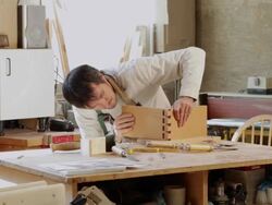  MS PAN Carpenter working in shop / Lamy, New Mexico, USA Stock Footage