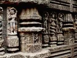 MS PAN Shot showing details of carved statues at Hindu Konark Sun Temple / Puri, Orissa, India Stock Footage