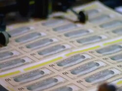 CU, SELECTIVE FOCUS, Sheets of American ten dollar bills being printed, Washington DC, USA Stock Footage