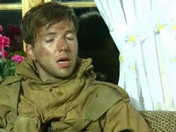 INTERVIEW Guy Burnet on how much he's learned to be a commando because of the terrain at the Age of Heroes Set Visit at Haugesund . (Footage by WireImage Video/GettyImages) Stock Footage