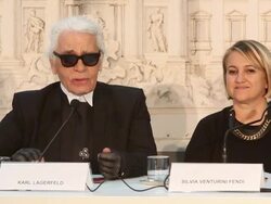 Karl Lagerfeld and Silvia Venturini Fendi at 'Fendi for Fountains' Press Conference at Campidoglio on January 28, 2013 in Rome, Italy. (Footage by WireImage Video/Getty Images) Stock Footage