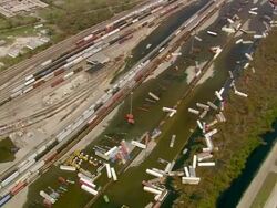 Sept. 10, 2005 aerial scattered containers at rail depot in wake of Hurricane Katrina / Louisiana Stock Footage