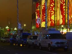 MS, News vans with microwave transmission masts in front of Staples Center, Los Angeles, California, USA, Stock Footage
