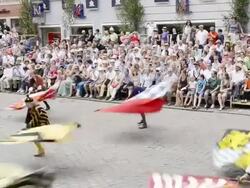 WS TS View of Men with standart bearer waving flags in medieval party, Landshuter Hochzeit 1475 / Landshut, Bavaria, Germany Stock Footage