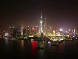 Shanghai Skyline at night  Zoom in Timelapse, Pudong, Huangpu River, Oriental Pearl Tower, Jin Mao Tower, Shanghai International Finance Centre, Shanghai World Financial Center, night, skyline, city lights, Shanghai, China Stock Footage