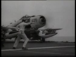 B/W 1960's military airplane taking off from carrier / Vietnam / SOUND Stock Footage