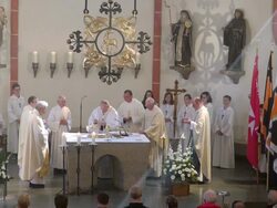 MS Shot of catholic mass at curch St. Marien Saarburg-Beurig, with cardinal Meisner, Cologne / Saarburg, Rhineland Palatinate, Germany Stock Footage