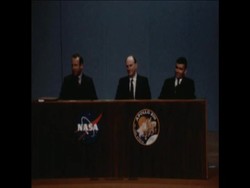 SYND 15-3-70 APOLLO 13 ASTRONAUTS PRESS CONFERENCE - COMMANDER LOVELL NAMES LUNAR MODULE "AQUARIUS" AND COMMAND SHIP" ODYSSEY" News Clip