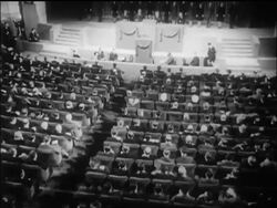 B/W 1946 REAR VIEW high angle wide shot tilt up crowd seated at UN charter signing / SF / newsreel Stock Footage