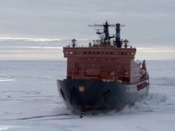 WS, Russian nuclear icebreaker traveling through frozen sea Russia Stock Footage