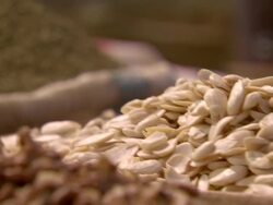 CU PAN view of spices and nuts in market / Marrakech, Morocco Stock Footage