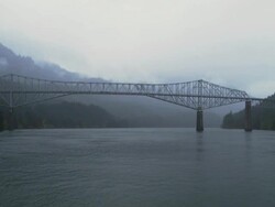 WS View of Bridge of Gods spans Columbia River from Oregon to Washington / Hood River, Oregon, United States  Stock Footage