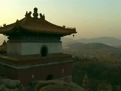 Medium Long Shot static - A hazy sky surrounds the pagoda at the Summer Palace./Beijing, China Stock Footage