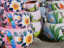 MS Shot of Indian pottery for sale for tourists / San Diego, California, United States  Stock Footage
